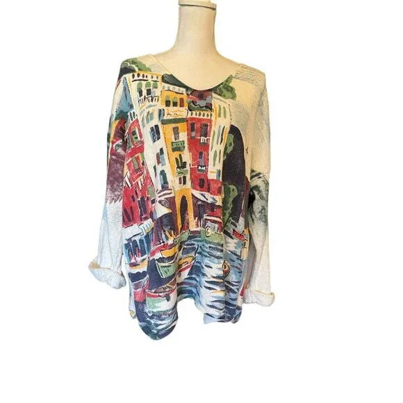 Michael Leu Sweater Size 1X Art Apparel Group Cotton Italian Scene V Neck - Picture 11 of 16